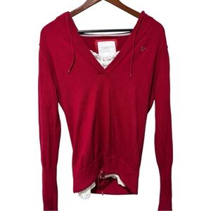Y2K American Eagle Fitted Knit Hoodie Sweater Bold Red